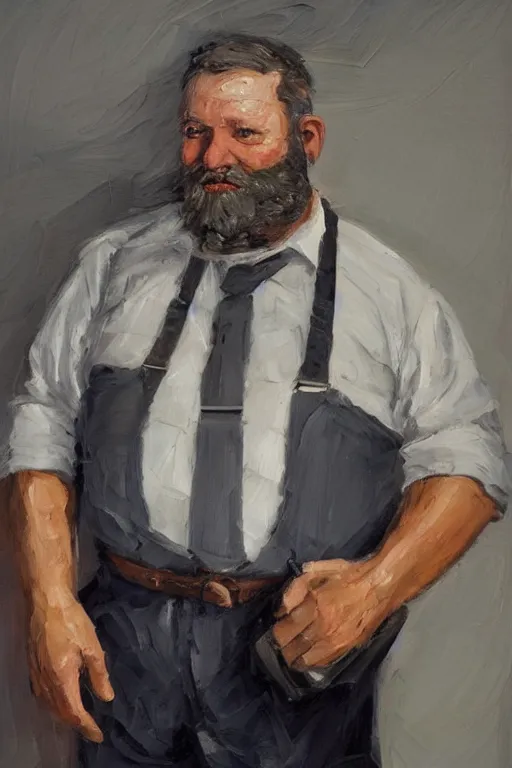 Image similar to palette knife oil painting of professor clay, middle - aged, thickset, barrel chest, voluminous, salt - and - pepper beard. eyes smolder like embers. dress shirt and suspenders, sleeves rolled, tie loosened. extreme detail. artstation trending, artgerm, deviant art, octane, substance, art history 8 k