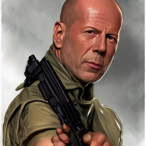 Prompt: portrait of bruce willis dressed as pin - up, holding a gun, distopic, the fifth element, futuristic, science fiction, intricate, headshot, highly detailed, digital painting, artstation, concept art, sharp focus, cinematic lighting, illustration, art by artgerm and greg rutkowski, alphonse mucha, cgsociety,