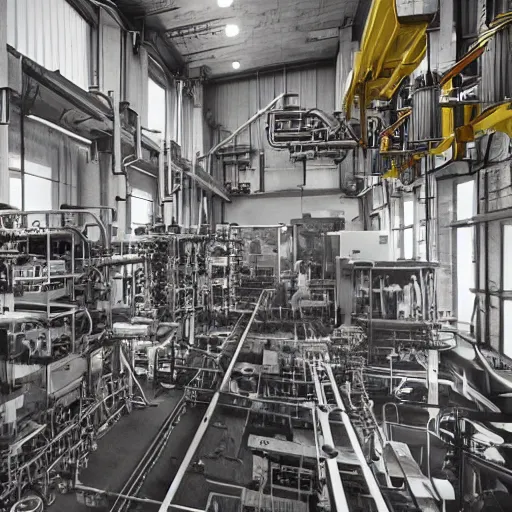 Image similar to an industrial age stem engine factory, fully operational in modern days photography style