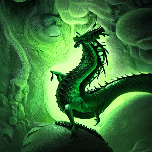 Prompt: a dragon made of slime, close up, green gas, exquisite detail, cinematic lighting, cave background, in the style of digital art