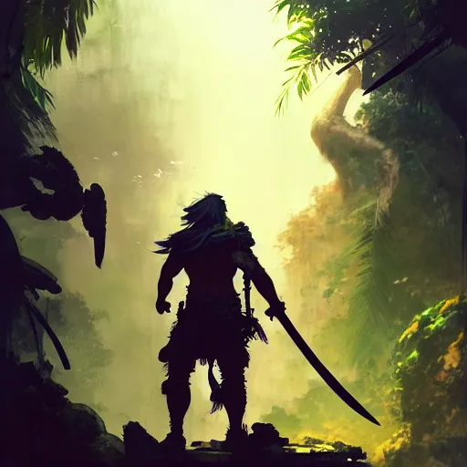 Image similar to ancient warrior in the jungle looking for a golden city by Akihito Yoshitomi AND Yoji Shinkawa AND Greg Rutkowski, Mark Arian trending on artstation