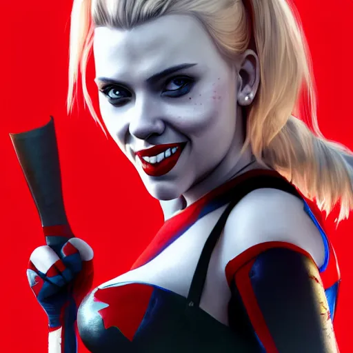 Image similar to Scarlett Johansson as Harley Quinn, holding bat, digital, artstation, cgsociety, 4k, high detail