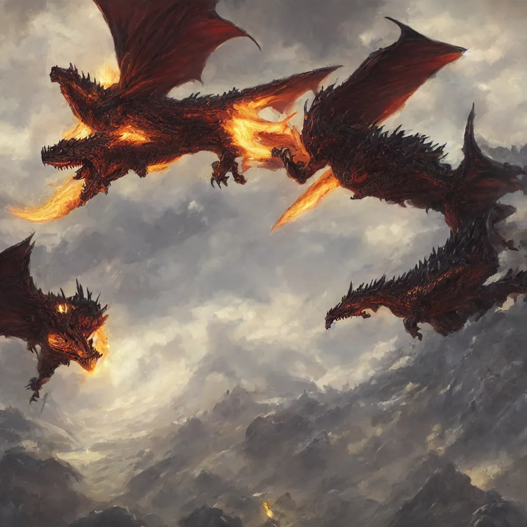 Image similar to oil painting of one deathwing dragon flying down on earth by greg rutkowski, closed up view