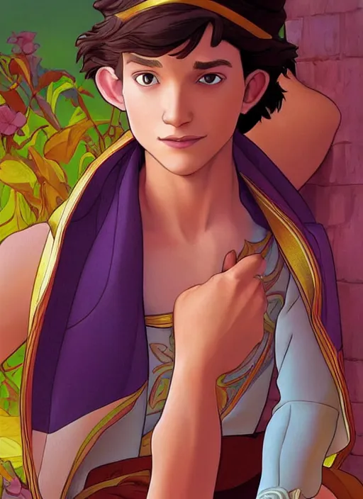 Image similar to skinny young tom holland as prince ali ababwa, cinematic lighting, path traced, highly detailed, high quality, beautiful digital painting, by don bluth and ross tran and studio ghibli and alphonse mucha, artgerm