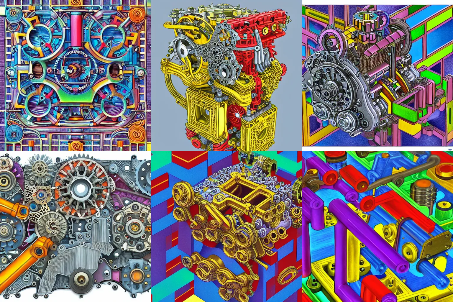 Prompt: a complicated machine engine cylinder block with sprockets and springs and cranks, high detail, intricate abstract, detailed abstract, isometric, optical illusion, cubism, bright colors, vivid colors, hyper detailed, high resolution, artstation, a tiny bit of M.C. Escher