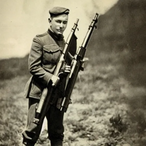 Image similar to old wartime photograph of elon musk holding a lewis gun, 1 9 1 7