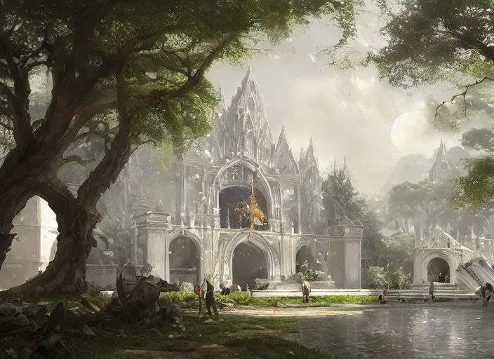 Image similar to A college academy in a beautiful elven city made of white marble, anime, lush trees, fountain, a fantasy digital painting by Greg Rutkowski and James Gurney, trending on Artstation, highly detailed
