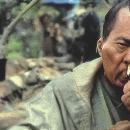 Prompt: scene from Kagemusha, 1980, movie still, cinematic, a samurai eating a hot dog, mustard and ketchup,