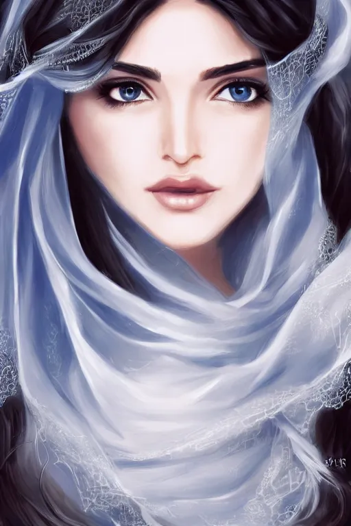 Image similar to Ameera al-Taweel, blue eyes, long wavy black hair, , white veil, closeup, focus face, elegant, highly detailed, centered, digital painting, artstation, concept art, art by artgerm