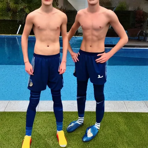 Image similar to a realistic detailed photo of a guy who is an attractive humanoid who is half robot and half humanoid, who is a male android, soccer players martin ødegaard & timo werner, shiny skin, posing like a statue, blank stare, by the pool, on display, showing off his muscles