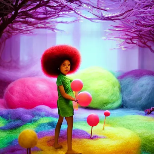 Prompt: a black girl with big beautiful eyes and a colorful afro playing with bubbles in the candy forest, bright colors, synthwave, watercolor, volumetric wool felting, felt, macro photography, children illustration, global illumination, radiant light, detailed and intricate environment, by goro fujita, bokeh!!!!