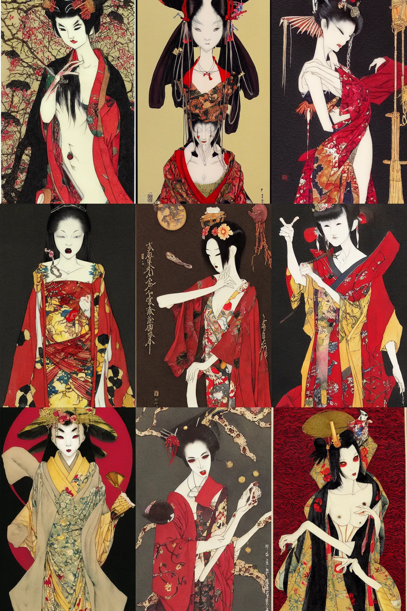 Prompt: watercolor painting of a japanese bjd geisha vampire with a long neck by brain froud, dave dorman, takato yamamoto in the style of thoth tarot card, dark - fantasy, red, gold black