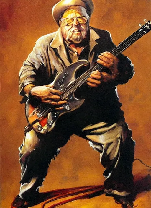 Prompt: Wilford Brimley shredding on an electric guitar, painting by Frank Frazetta