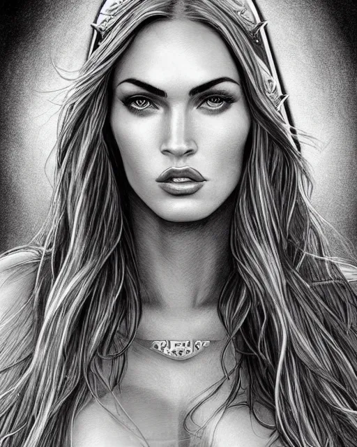 Image similar to portrait of beautiful megan fox as greek goddess aphrodite, archer, arrow on the head, beautiful piercing eyes, flowing blonde hair, realistic face, black and white drawing, in the style of greg rutkowski, fantasy, amazing detail, epic, intricate, elegant, smooth, sharp focus