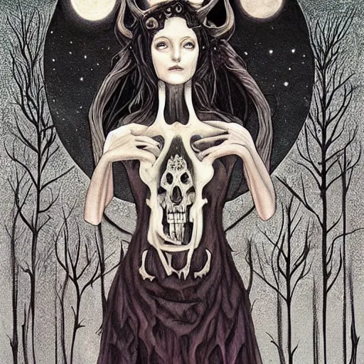 Image similar to an epic horrific wiccan gothic painting of a mother - nature witch cult woman wearing a deer skull, in a moonlit forest by gerald brom by junji ito by vanessa lemen by charlie bowater