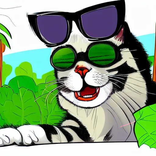 Prompt: A cat with sunglasses in the middle of the Amazon. Digital Art. Cartoon. High Quality. High fidelity.