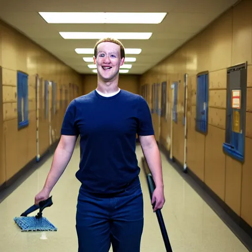 Image similar to mark zuckerberg as a school janitor, candid photograph