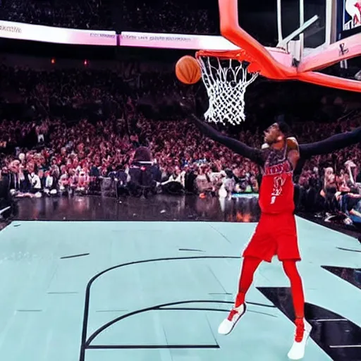 Prompt: photograph of the joker dunking, highlights of the 2 0 1 9 nba slam dunking contest