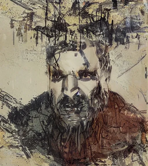 Image similar to portrait of muscular, tired and alcoholic 3 0 - year - old grieving man with short darkblonde hair, serious sad look in his eyes, looking down, dirty beard, blue eyes, crying tears, wearing dirty soldier uniform, on the desert, sad atmosphere, hyper realistic face, character art, art by mark brooks, cryengine, trending on artstation, digital art