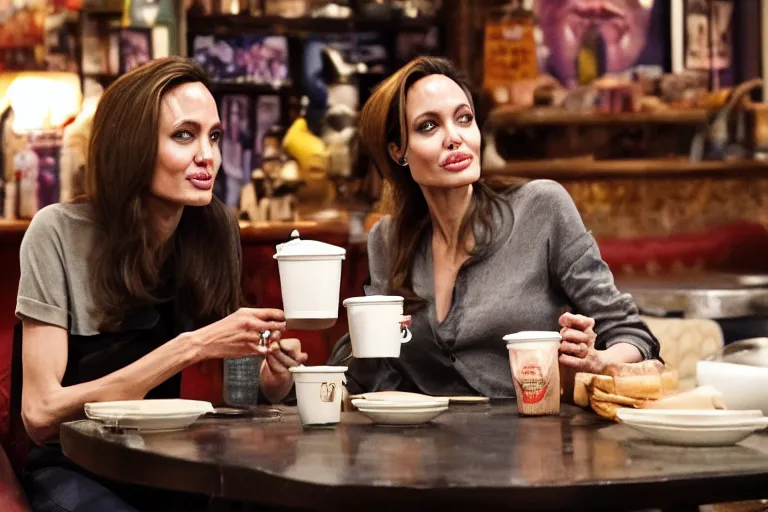 Prompt: Angelina Jolie and The Predator alien, best friends, drinking coffee at central perk, still photo, hyperrealistic, 35mm, 8k, by weta digital