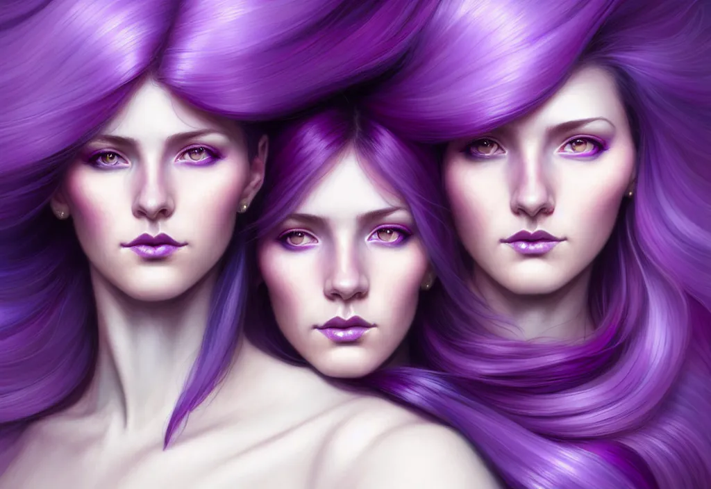 Image similar to Purple hair relistic Portrait of a two woman with bright colored flying hair, all shades of purple. Beauty face, Hair coloring, fantasy, intricate, elegant, highly detailed, digital painting, artstation, concept art, smooth, sharp focus, illustration, art by artgerm and greg rutkowski and alphonse mucha