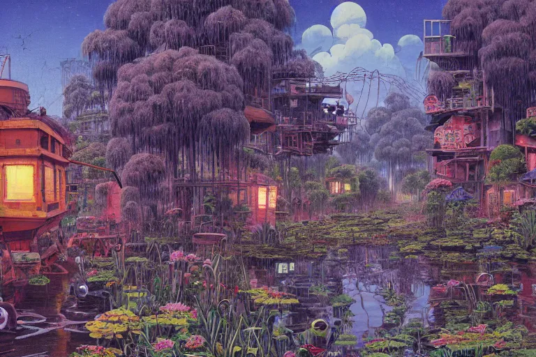 Image similar to oil painting, super - detailed scene spirited away, twilight junkyard, louisiana swamps, indigo blooming flowers garden, japanese sci - fi books art, artwork by jean giraud, hd, 4 k, high quality