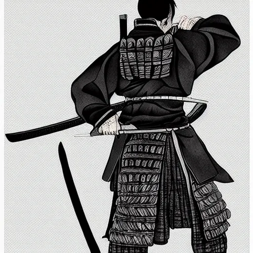 Image similar to A FULL BODY PORTRAIT FROM BEHIND OF A SAMURAI WITH 2 KATANAS , concept art,HIGHLY DETAILED ink style , sketch