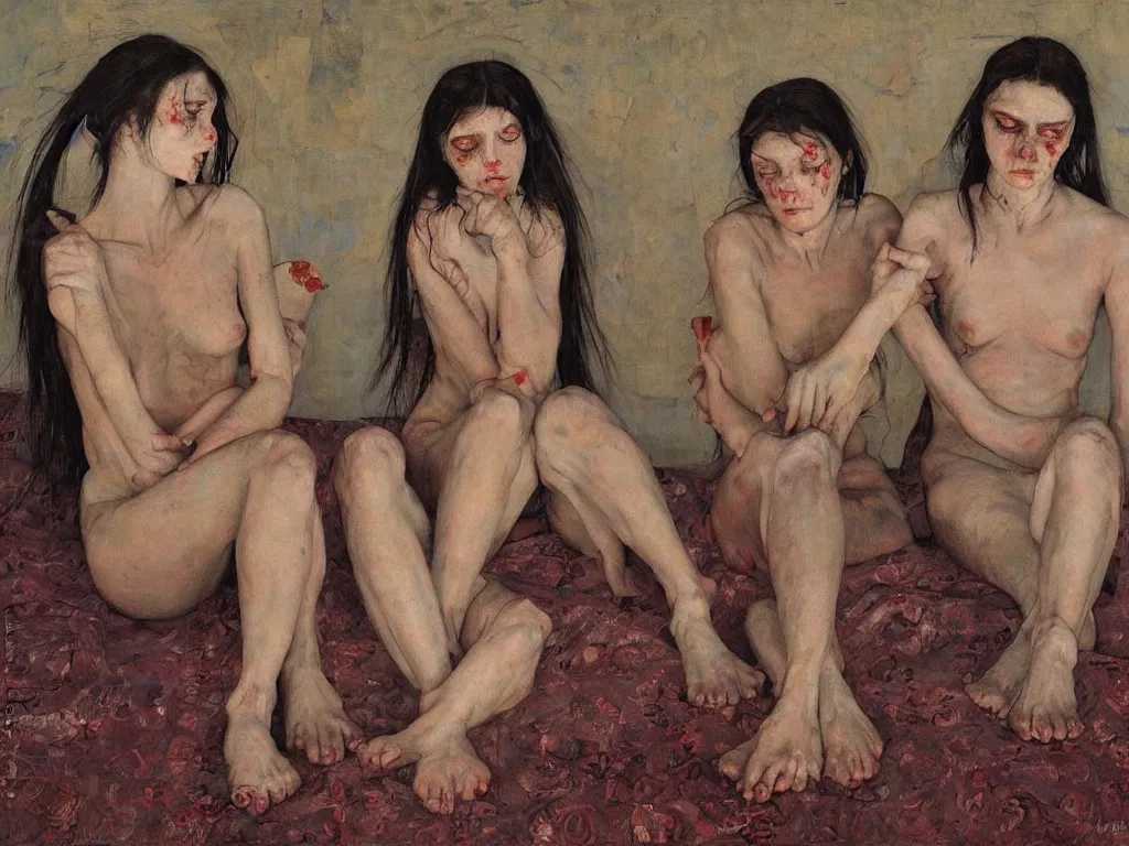 Prompt: vampire sad sisters, night, denis sarazhin, vrubel, oil on canvas