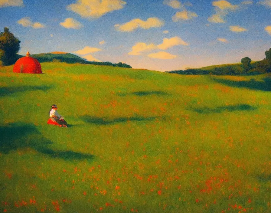 Prompt: a beautiful meadow full of colorful flowers, cows are on the grass, the sky is the galaxy, very aesthetic, detailed, cinematic lighting, in the style of edward hopper,