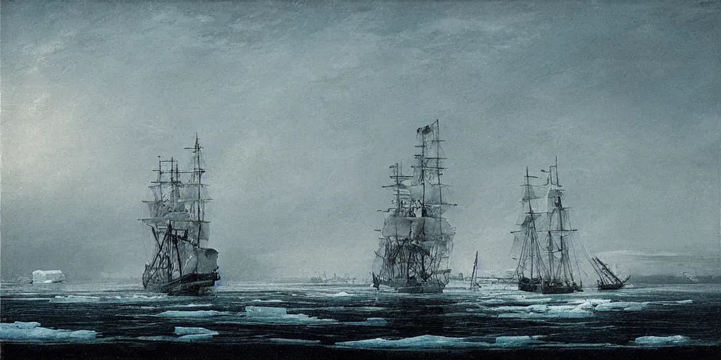 Image similar to “ a single 1 8 0 0 s sail ship is stuck in solid white sea ice, completely frozen sea, no water visible, the uneven and irregular frozen sea is jagged and maze - like, towering ice ridges and seracs, nighttime, stars visible, romanticist oil painting ”