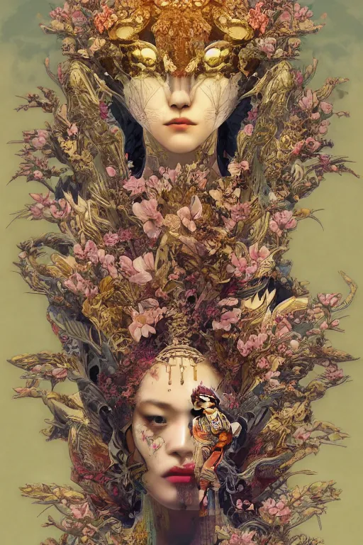 Image similar to portrait breathtaking detailed concept art painting art deco pattern of birds goddesses amalmation flowers head thibetan temple, by hsiao ron cheng, tetsuya ichida, bizarre compositions, yoji shinkawa, exquisite detail, extremely moody lighting, 8 k, art nouveau, old chines painting, art nouveau