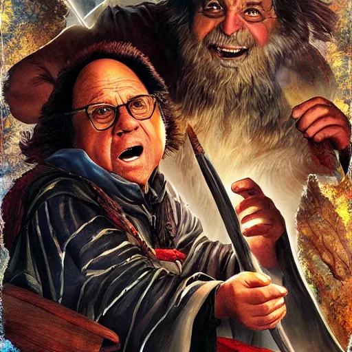 Prompt: Danny DeVito as angry wizard in adventure movie, highly detailed, sharp focus, digital painting, artwork by Victor Adame Minguez + Yuumei + Tom Lovell + Sandro Botticelli