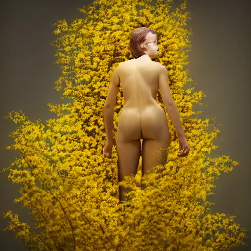 Image similar to hyper realistic photo human body made of golden wild flowers