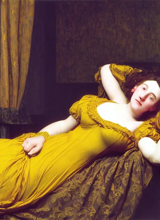 Image similar to portrait of lady reclining on bed wearing yellow ochre ornate medieval dress, foreshortening, colour photography by frederic leighton, william morris, 8 k