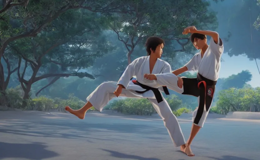 Prompt: a film still of Karate KID 1983, medium shot, waist up, studio Ghibli, Pixar and Disney animation, sharp, Rendered in Unreal Engine 5, anime key art by Greg Rutkowski, Bloom, dramatic lighting