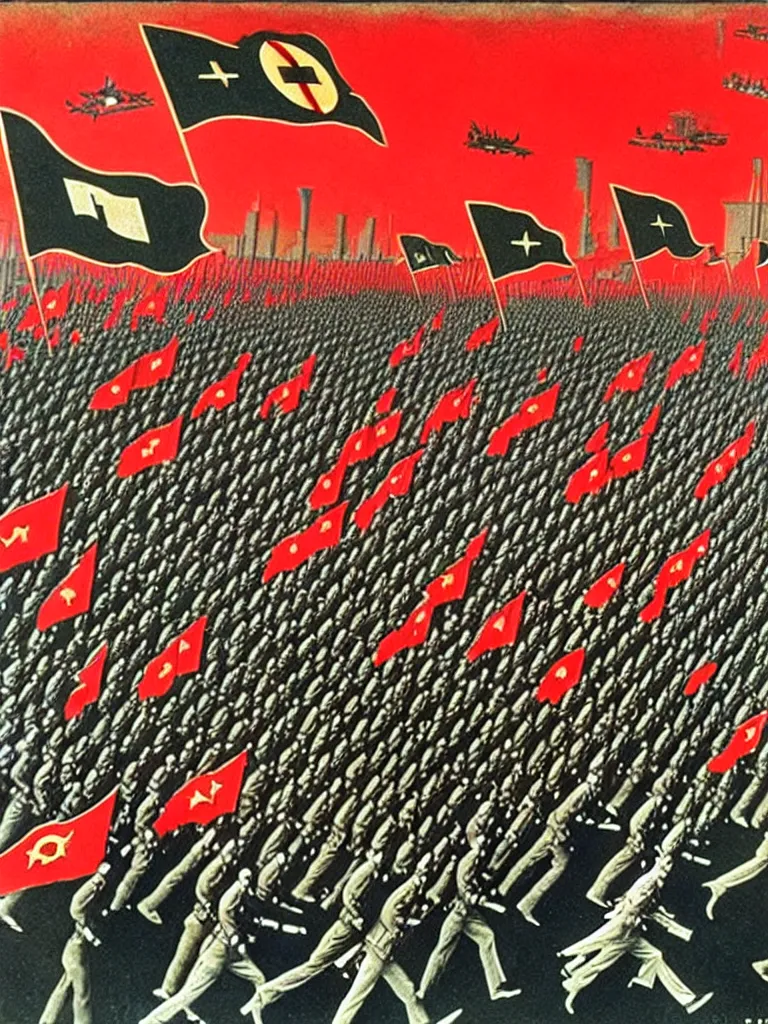 Image similar to army parade glorious march, futuristic alternate timeline, anarcho - communist hordes, red and black flags, modernist factories in background, art by max ernst, cnt spanish civil war era propaganda