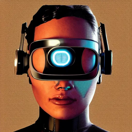 Prompt: retro vintage sci - fi, hollywood, cyborg robot wearing vr headset, 3 d illutration, profile portrait, night, detailed, cyberpunk style,