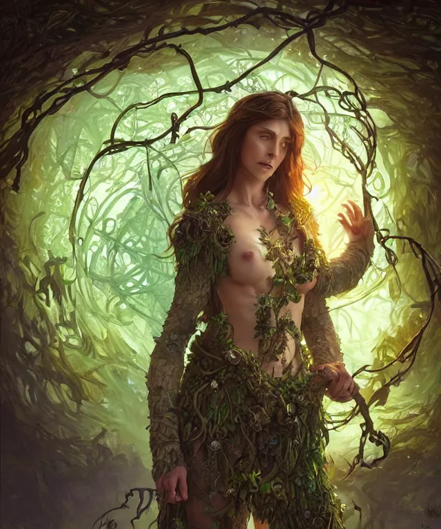 Image similar to a woman spore druid with leaf and vine themed clothing, fully clothed, glowing energy, D&D, fantasy, intricate, cinematic lighting, highly detailed, digital painting, artstation, concept art, smooth, sharp focus, illustration, subject in the middle of the frame, art by Artgerm and Greg Rutkowski and Alphonse Mucha