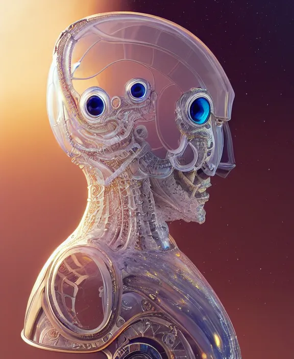 Prompt: intricate ornate opulent transparent clear see - through portrait of a robot beautiful alien nautilus, mottled coloring, adorable, childlike, pastoral environment, ultra realistic, concept art, art nouveau, photorealistic, octane render, 8 k, unreal engine. art by christopher marley and artgerm and greg rutkowski and alphonse mucha