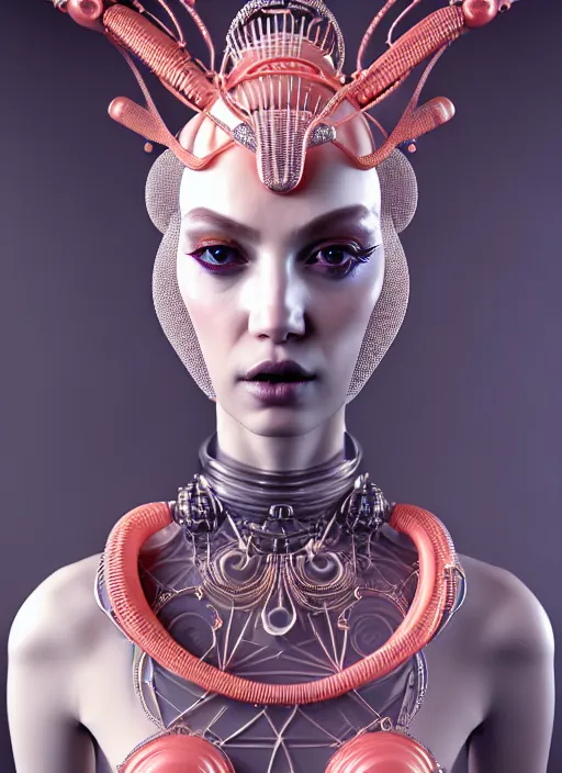 Image similar to absurdly beautiful, graceful, sophisticated, fashionable cyberpunk mechanoid carying perfume, by irakli nadar and alexandre ferra, intricate linework, white porcelain skin, faberge, coral headdress, unreal engine 5 highly rendered, global illumination, radiant light, detailed and intricate environment