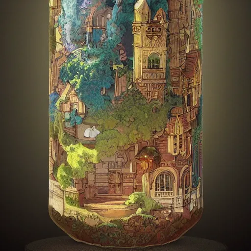 Prompt: a beautiful 🏰 contained inside an ornate vintage bottle by charles vess, studio ghibli & james gurney, artstation, 8 k, beautiful light, hyperrealism, studio photography