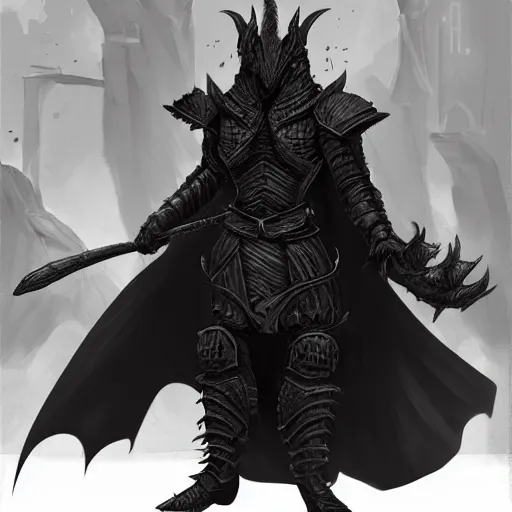 Prompt: medium-length portrait of a black dragonborn wearing a dark robe, highly detailed, digital painting, concept art, fantasy art, D&D