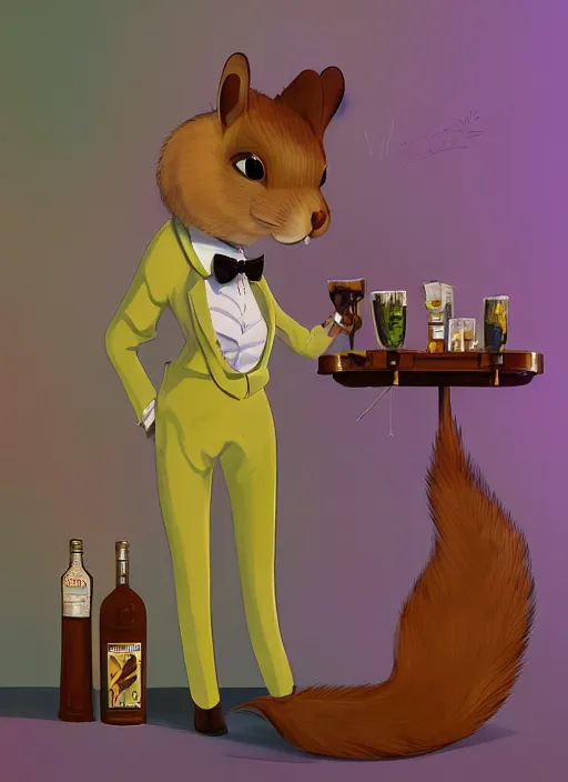 Prompt: squirrel anthro as a dapper bartender with a big, fluffy tail, retro futurism, art deco, detailed, painterly digital art by WLOP and Cory Loftis and Henry Justice Ford, 🐿🍸🍋, furaffinity, trending on artstation