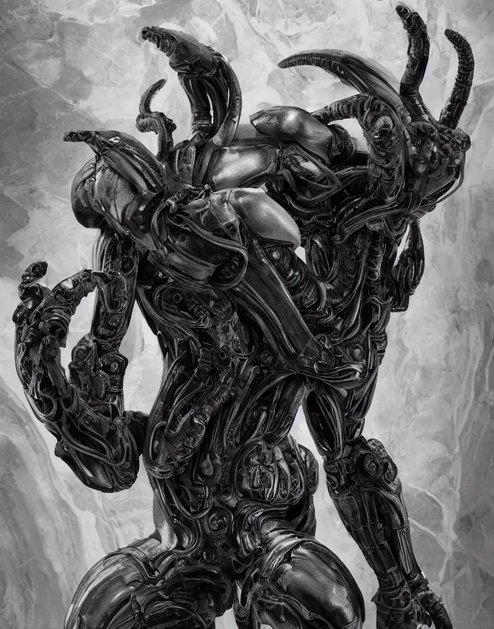 Image similar to engineer prometheus, xenomorph alien, highly detailed, symmetrical long head, smooth marble surfaces, detailed ink illustration, raiden metal gear, cinematic smooth stone, deep aesthetic, concept art, post process, 4k, carved marble texture and silk cloth, latex skin, highly ornate intricate details, prometheus, evil, moody lighting, hr geiger, hayao miyazaki, indsutrial Steampunk