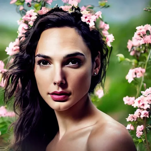 Prompt: fine art photo of the beauty gal gadot, she is posing while maintain a sweet eye contact to the camera, she has a crown of flowers, the photo was taken at sunrise with a bokeh effect, by ellie victoria gale, photorealistic, matte painting, hyper realistic, 4 k, 8 k, cinematic composition, hd, highly detailed, trending on artstation