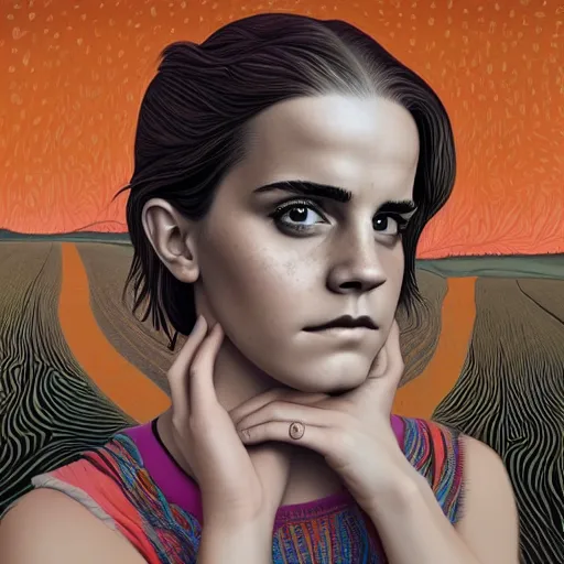 Image similar to a portrait of s sad Emma Watson with tears in her eyes, trying to fit into a shoebox in the middle of the road, highly detailed, digital painting, HDRI, by Casey Weldon, vivid colors, high contrast, intricate