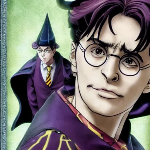 Prompt: Harry Potter as a Jotaro Kujo in JoJo\'s bizarre adventure, epic composition, movie poster, character poster