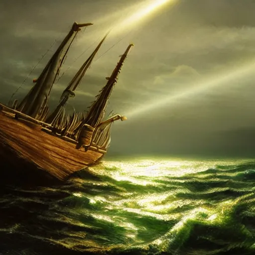 Image similar to wooden shipwreck of old pirate ship on rocks at sea, dramatic lighting, sun beams, god rays illuminating wreck, dark background, gloomy green sea, fantasy art, painting, concept art, oil painting, brushstrokes