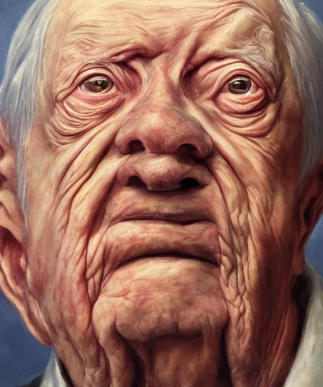 Image similar to hyperrealistic close up studio portrait of aging old Jimmy Carter age 103 wrinkled sorrowful, oil painting by Ivan Albright and Lucian Freud and Ron Mueck, trending on artstation Studio lighting hyperrealism