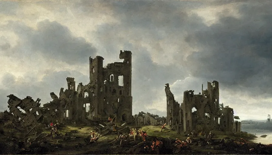 Prompt: huge castle in ruins, ruined castle, castle ruins with a dark cloudy stormy sky, striking landscape, dramatic scene during the first anglo - dutch war painted by jan beerstraaten